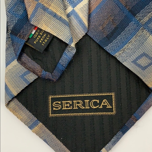 Serica Brown Blue Geometric Print Silk Tie 20PE - Picture 2 of 3